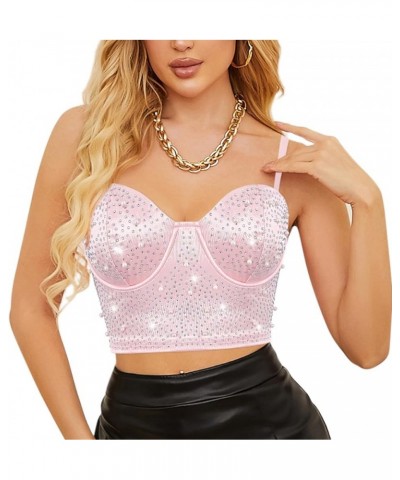 Women's Sparkly Rhinestone Crop Top Tank Tops Spaghetti Strap V Neck Cami Vest Clubwear Party Pink Pearl $19.15 Tanks