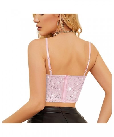 Women's Sparkly Rhinestone Crop Top Tank Tops Spaghetti Strap V Neck Cami Vest Clubwear Party Pink Pearl $19.15 Tanks