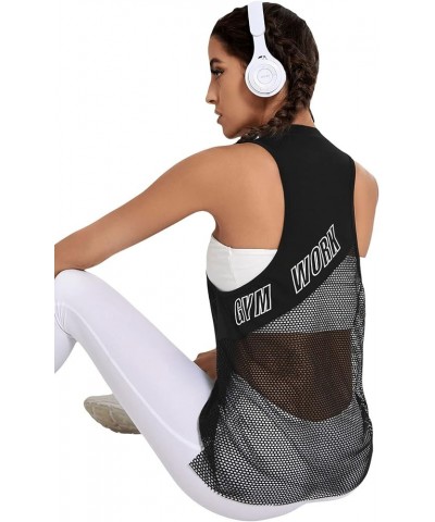 Women's Workout Yoga Tops Sheer Mesh Gym Exercise Shirts Flowy Tank Top Letter Mesh Black $10.70 Tops