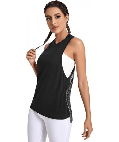 Women's Workout Yoga Tops Sheer Mesh Gym Exercise Shirts Flowy Tank Top Letter Mesh Black $10.70 Tops