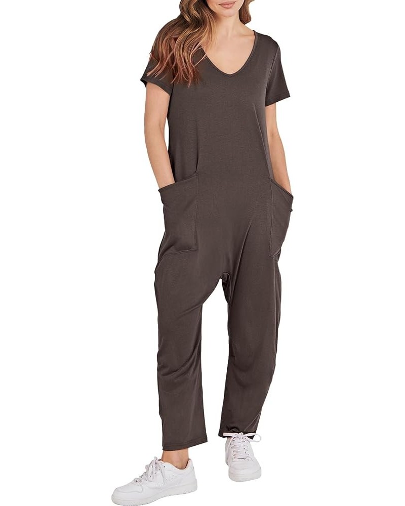 Women Short Sleeve V Neck Casual Loose Summer Jumpsuits Romper Overalls with Pockets Coffee $14.49 Overalls