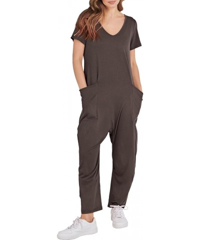 Women Short Sleeve V Neck Casual Loose Summer Jumpsuits Romper Overalls with Pockets Coffee $14.49 Overalls