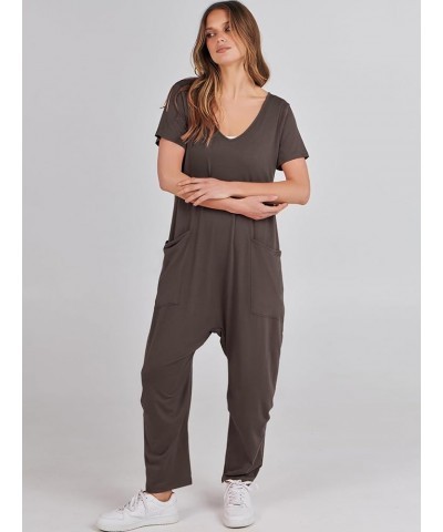 Women Short Sleeve V Neck Casual Loose Summer Jumpsuits Romper Overalls with Pockets Coffee $14.49 Overalls