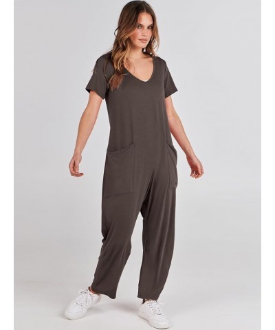 Women Short Sleeve V Neck Casual Loose Summer Jumpsuits Romper Overalls with Pockets Coffee $14.49 Overalls