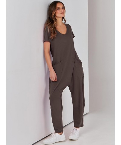 Women Short Sleeve V Neck Casual Loose Summer Jumpsuits Romper Overalls with Pockets Coffee $14.49 Overalls