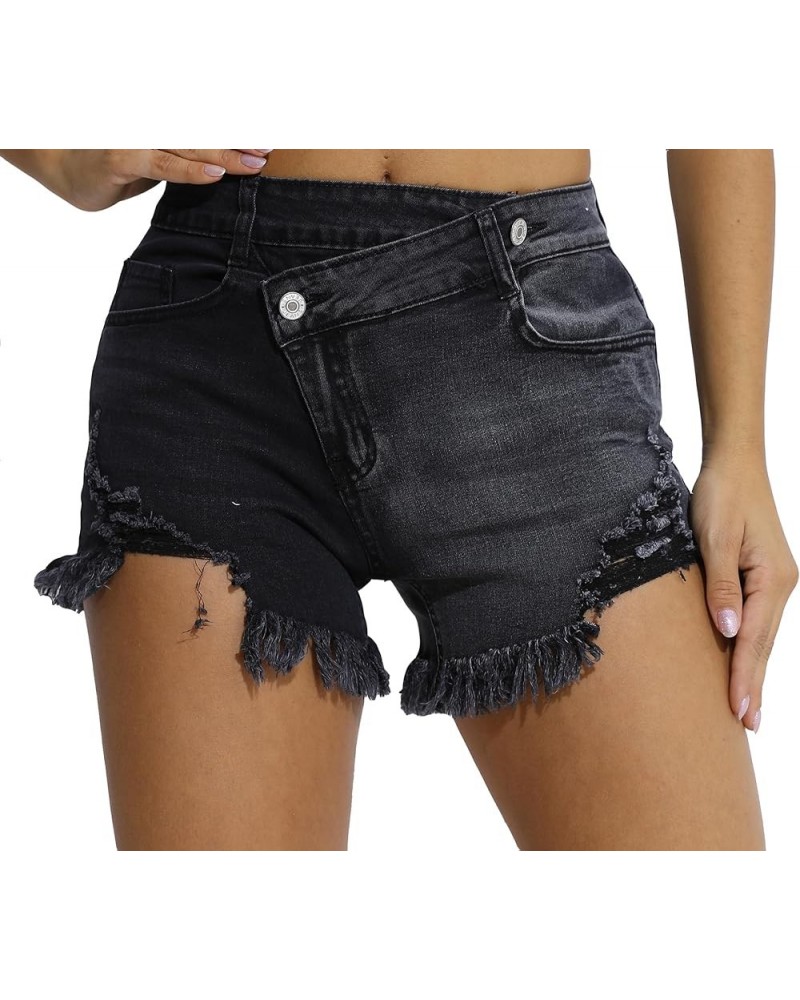 Womens Denim Shorts High Waisted Stretchy Frayed Raw Hem Ripped Tassle Distressed Jeans Short Clubwear 33-black Grey $14.85 S...