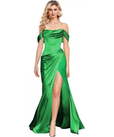 Off Shoulder Prom Dresses for Women Long Mermaid Evening Dresses Satin High Split Bridemaid Dresses Green $14.78 Dresses