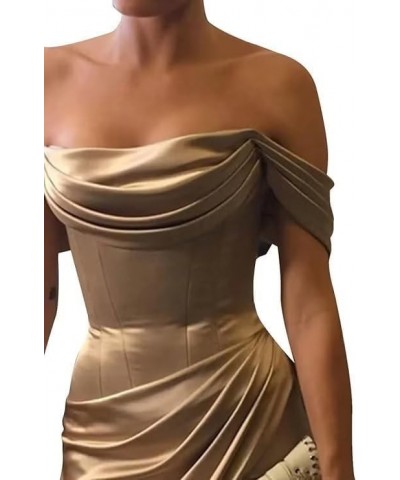 Off Shoulder Prom Dresses for Women Long Mermaid Evening Dresses Satin High Split Bridemaid Dresses Green $14.78 Dresses