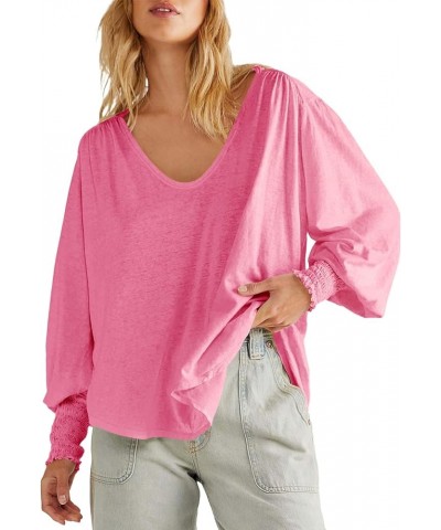 Womens Tunics Tops V Neck High Low Asymmetrical Long Sleeve Shirts Casual Loose Fit Tees Blouses Hot Pink $18.28 Tops