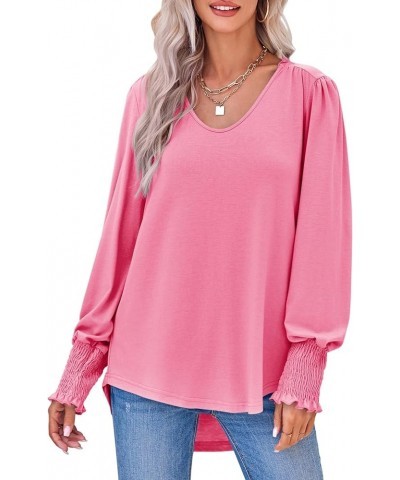 Womens Tunics Tops V Neck High Low Asymmetrical Long Sleeve Shirts Casual Loose Fit Tees Blouses Hot Pink $18.28 Tops