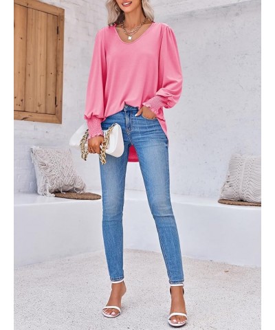 Womens Tunics Tops V Neck High Low Asymmetrical Long Sleeve Shirts Casual Loose Fit Tees Blouses Hot Pink $18.28 Tops