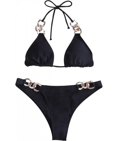 Sexy Linked Halter Tie Back Textured Bikini Women Swimsuit Set Halter Chain Black $15.05 Swimsuits