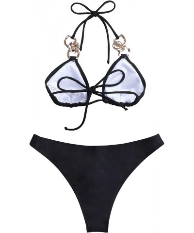 Sexy Linked Halter Tie Back Textured Bikini Women Swimsuit Set Halter Chain Black $15.05 Swimsuits