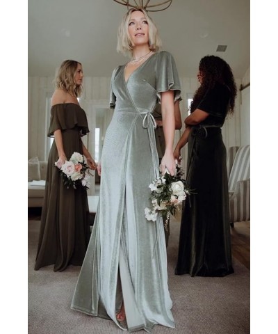 Long Velvet Bridesmaid Dresses V Neck Flutter Sleeve Formal Evening Gowns with Slit Short Sleeve-black $29.44 Dresses