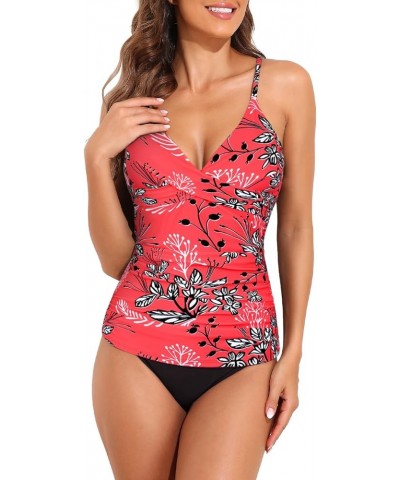 Women's Tankini Swimsuits Twist V Neck Swim Top with Shorts Ruched Tummy Control Two Piece Bathing Suit Red Floral $24.35 Swi...