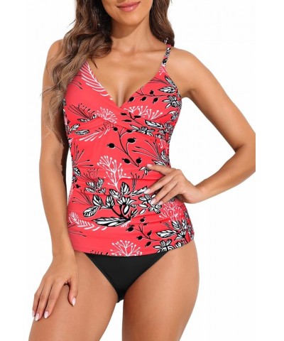 Women's Tankini Swimsuits Twist V Neck Swim Top with Shorts Ruched Tummy Control Two Piece Bathing Suit Red Floral $24.35 Swi...