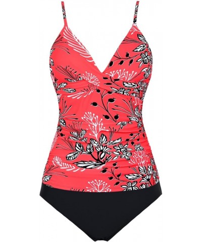 Women's Tankini Swimsuits Twist V Neck Swim Top with Shorts Ruched Tummy Control Two Piece Bathing Suit Red Floral $24.35 Swi...