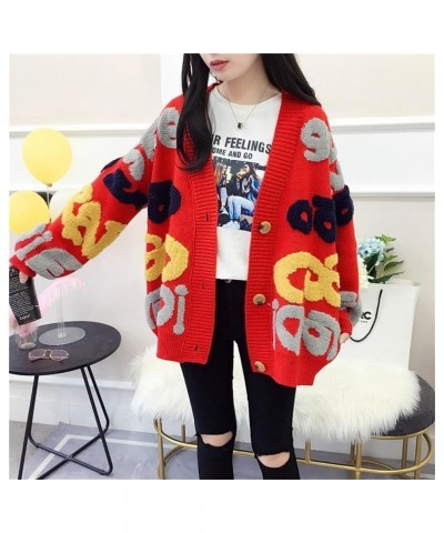 Women's Letter Pattern Sweaters V Neck Cable Knit Cardigan Button Long Sleeve Loose Oversized Knit Sweater Red XL Red Large $...