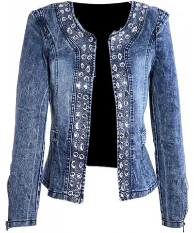 Collarless Slim Fit Rhinestone Sequins Jeans Denim Jacket for Women Vintage Long Sleeve Rhinestone Slim Fitted Coat As Show $...