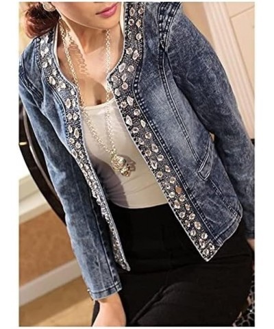 Collarless Slim Fit Rhinestone Sequins Jeans Denim Jacket for Women Vintage Long Sleeve Rhinestone Slim Fitted Coat As Show $...