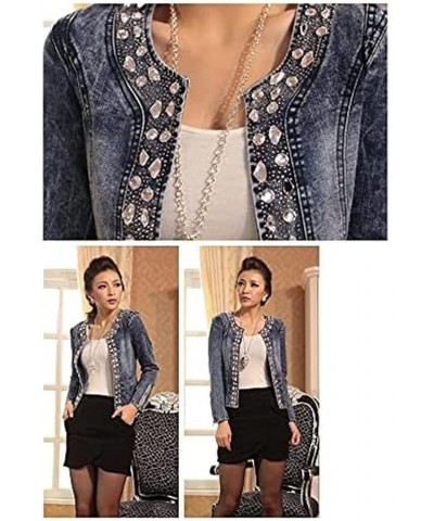 Collarless Slim Fit Rhinestone Sequins Jeans Denim Jacket for Women Vintage Long Sleeve Rhinestone Slim Fitted Coat As Show $...