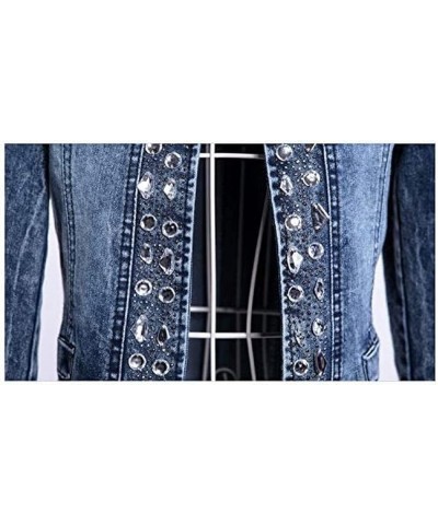 Collarless Slim Fit Rhinestone Sequins Jeans Denim Jacket for Women Vintage Long Sleeve Rhinestone Slim Fitted Coat As Show $...