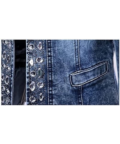 Collarless Slim Fit Rhinestone Sequins Jeans Denim Jacket for Women Vintage Long Sleeve Rhinestone Slim Fitted Coat As Show $...