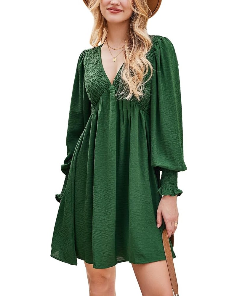 Women's Mini Dress Smocked V Neck Long Sleeve Empire Waist Casual A Line Dress Green $20.64 Dresses