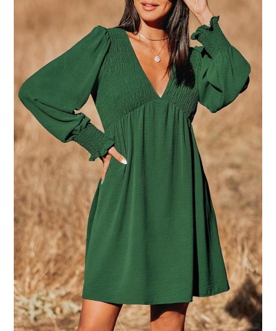 Women's Mini Dress Smocked V Neck Long Sleeve Empire Waist Casual A Line Dress Green $20.64 Dresses