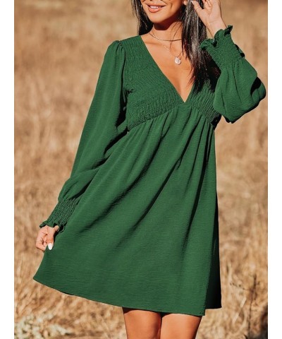 Women's Mini Dress Smocked V Neck Long Sleeve Empire Waist Casual A Line Dress Green $20.64 Dresses