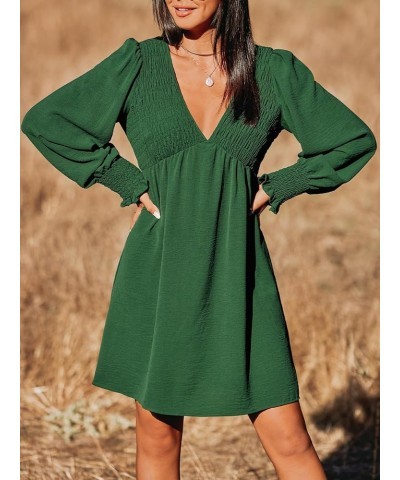 Women's Mini Dress Smocked V Neck Long Sleeve Empire Waist Casual A Line Dress Green $20.64 Dresses