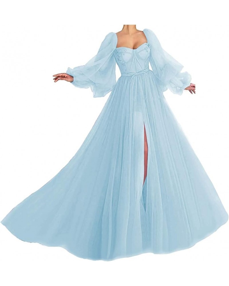 Women's Puffy Sleeve Prom Dress Ball Gown Tulle Sweetheart Wedding Formal Evening Dresses with Split Light Blue $38.25 Dresses