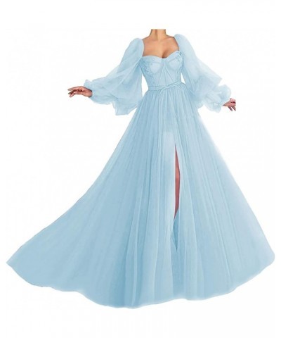 Women's Puffy Sleeve Prom Dress Ball Gown Tulle Sweetheart Wedding Formal Evening Dresses with Split Light Blue $38.25 Dresses