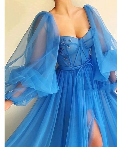 Women's Puffy Sleeve Prom Dress Ball Gown Tulle Sweetheart Wedding Formal Evening Dresses with Split Light Blue $38.25 Dresses