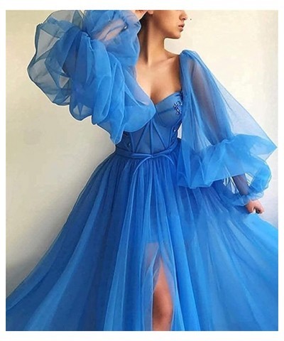 Women's Puffy Sleeve Prom Dress Ball Gown Tulle Sweetheart Wedding Formal Evening Dresses with Split Light Blue $38.25 Dresses