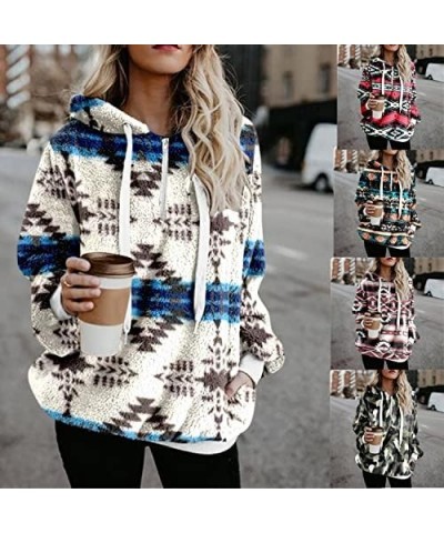 Women Western Sherpa Pullover Quarter Zip Long Sleeve Fluffy Aztec Fleece Jacket Sweatshirts Hoodies Coat Sweaters Green Azte...