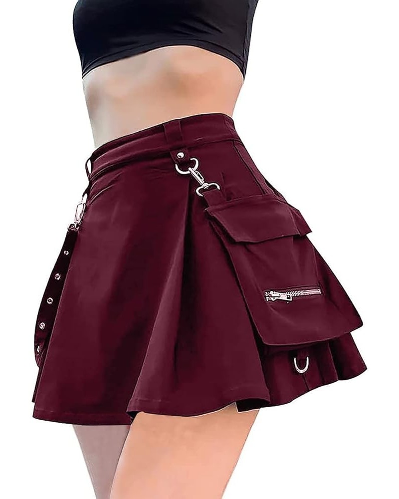 Cross Print Black Pleated Skirt with Chain Goth Punk High Waist Skater Skirts School Dark Uniform 6-wine $13.74 Skirts