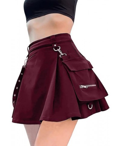 Cross Print Black Pleated Skirt with Chain Goth Punk High Waist Skater Skirts School Dark Uniform 6-wine $13.74 Skirts