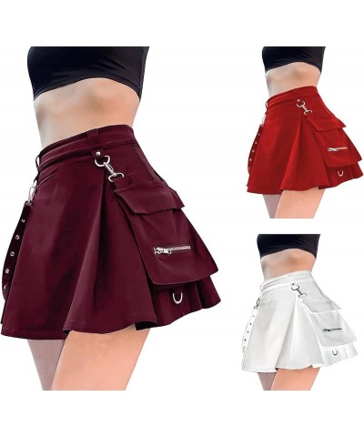 Cross Print Black Pleated Skirt with Chain Goth Punk High Waist Skater Skirts School Dark Uniform 6-wine $13.74 Skirts