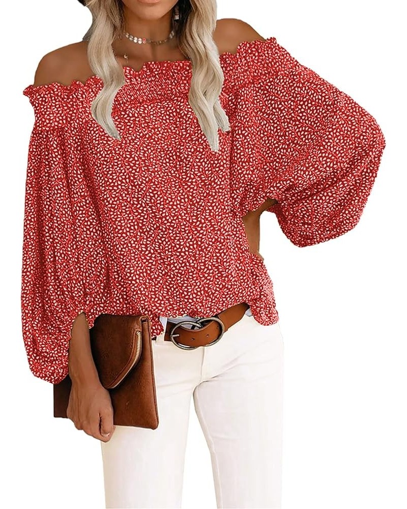 Off The Shoulder Tops for Women Casual Floral Blouses Lantern Sleeves Chiffon Shirt Tops Red $16.95 Rompers