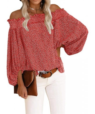 Off The Shoulder Tops for Women Casual Floral Blouses Lantern Sleeves Chiffon Shirt Tops Red $16.95 Rompers