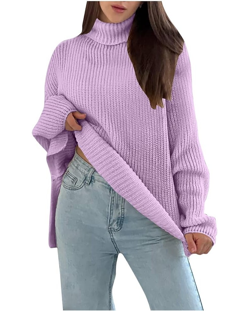 Women's Soft Sweater Knit Turtleneck Comfy Pullover Trendy Casual Long Sleeve Solid Color Cute Loose Shirts Purple $14.07 Swe...