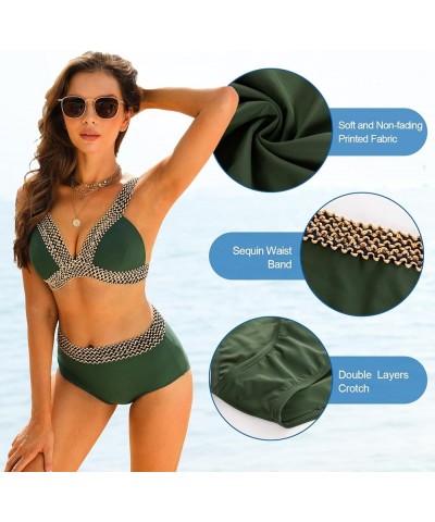 Women's Two Piece Swimsuits Sexy Bikini Sets Tummy Control Bathing Suit High Waist V Neck Wrap Sequin Swimwear Dark Green $12...