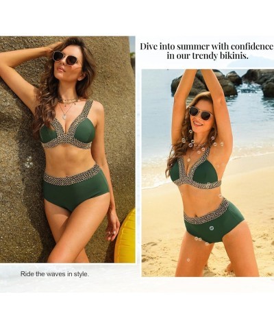 Women's Two Piece Swimsuits Sexy Bikini Sets Tummy Control Bathing Suit High Waist V Neck Wrap Sequin Swimwear Dark Green $12...