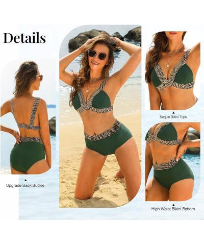 Women's Two Piece Swimsuits Sexy Bikini Sets Tummy Control Bathing Suit High Waist V Neck Wrap Sequin Swimwear Dark Green $12...