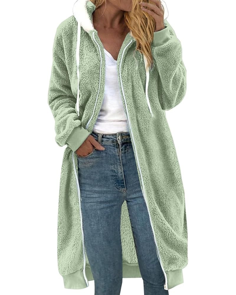 Women's Winter Fuzzy Flannel Jacket Medium Length Zipper Drawstring Hooded Solid Color Cardigan Plush Fur Coat Mint Green $15...