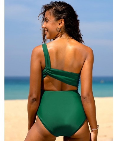 Women's One Piece Swimsuits One Shoulder Swimwear Ruched Tummy Control Bathing Suits Cutout Monokini Dark Green $20.90 Swimsuits