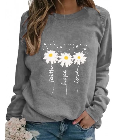 Women Crewneck Sweatshirt Long Sleeve Faith-Hope-Love Daisy Print Tunic Tops Loose Fit Pullovers Shirts Grey $17.66 Hoodies &...