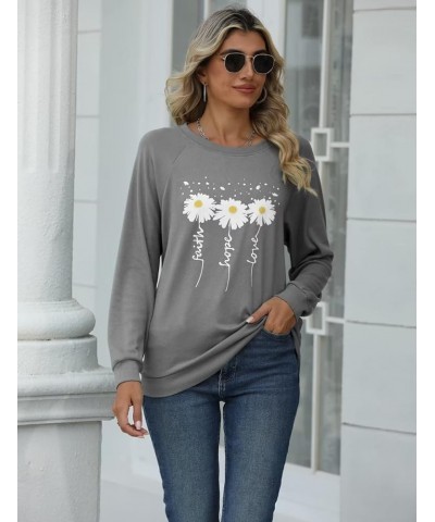 Women Crewneck Sweatshirt Long Sleeve Faith-Hope-Love Daisy Print Tunic Tops Loose Fit Pullovers Shirts Grey $17.66 Hoodies &...