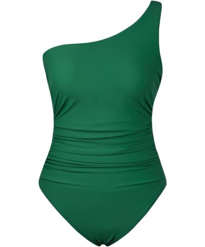 Women's One Piece Swimsuits One Shoulder Swimwear Ruched Tummy Control Bathing Suits Cutout Monokini Dark Green $20.90 Swimsuits